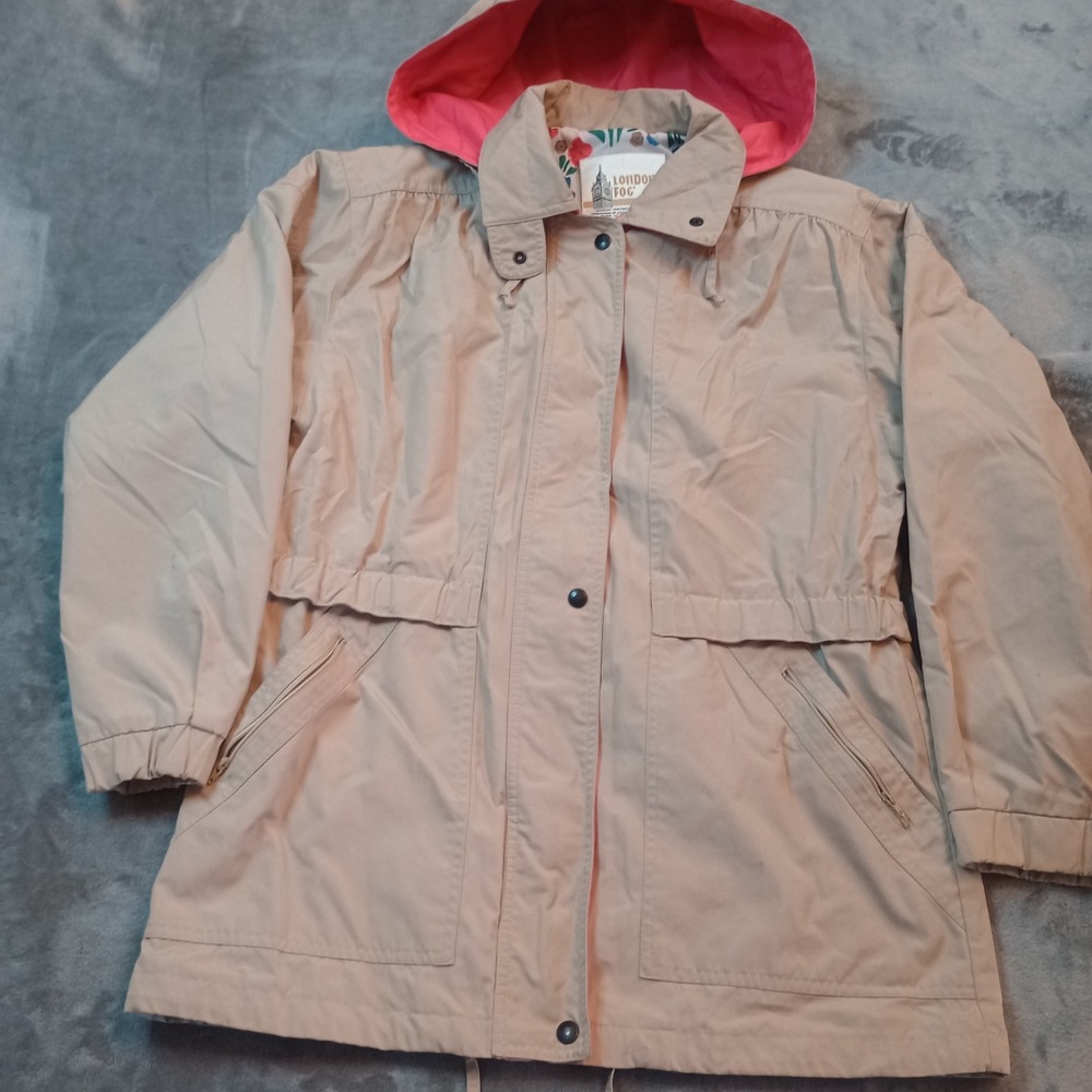LONDON FOG Jacket Womens Size L Tan Full Zip Cinch Waist‎ Removable Hood Anorak